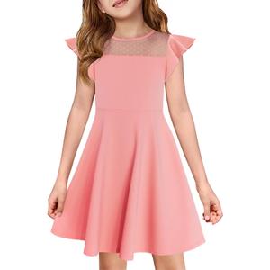 Haloumoning Girls Dress Summer Ruffle Sleeve Mesh A Line Casual Party Dresses with Pockets for Kids, Pink, 9-10 Years