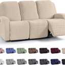 KinCam Recliner Covers, Stretch Reclining Chair Covers, Recliner Sofa Slipcovers Stripe Jacquard Recliner Couch Covers Furniture Protector Covers for Pet Kid (3 Seater, Vanilla)