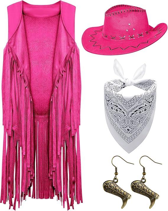 Xtime 4 Pcs Halloween Cowgirl Outfits Set Tassel Vest Cowboy Hat Dangle Drop Earrings Paisley Bandana for Western Dress Up