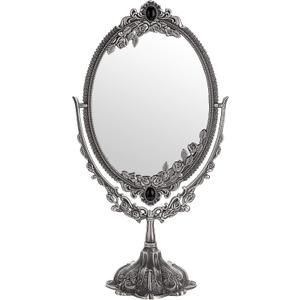 JUXYES Metal Tabletop Antique Decorative Makeup Mirror with Stand, Vintage Swivel Double Sided Cosmetic Mirror with Frame, Retro Desktop Oval Dressing Mirror for Bathroom Bedroom