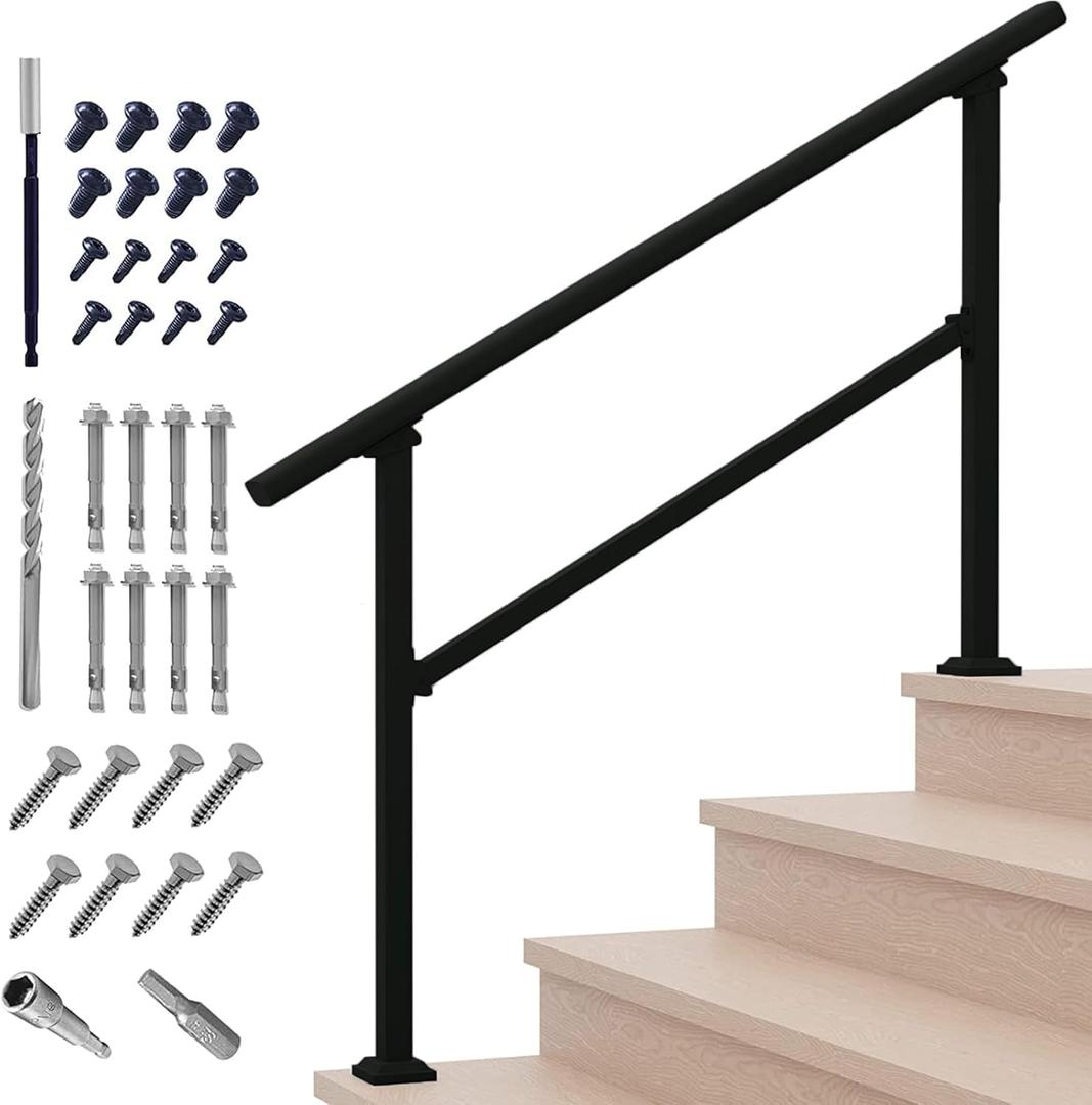 Metty Metal Handrails for Outdoor Steps Suitable for 1 to 5 Steps- Wrought Iron Stair Railing- Step Steady with 5 Feet Handrailing- Safe Indoor Home Banisters (5 Step) (Black-Straight)