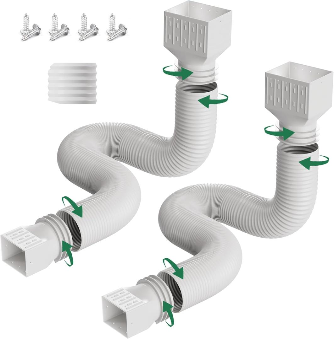 2 Pack Rain Gutter Downspout Extensions, Upgraded Flexible Drain Down Spout Extender for Rain Water Drainage, Each Extendable from 20" to 66", Combine to 10 ft with Connector(White)