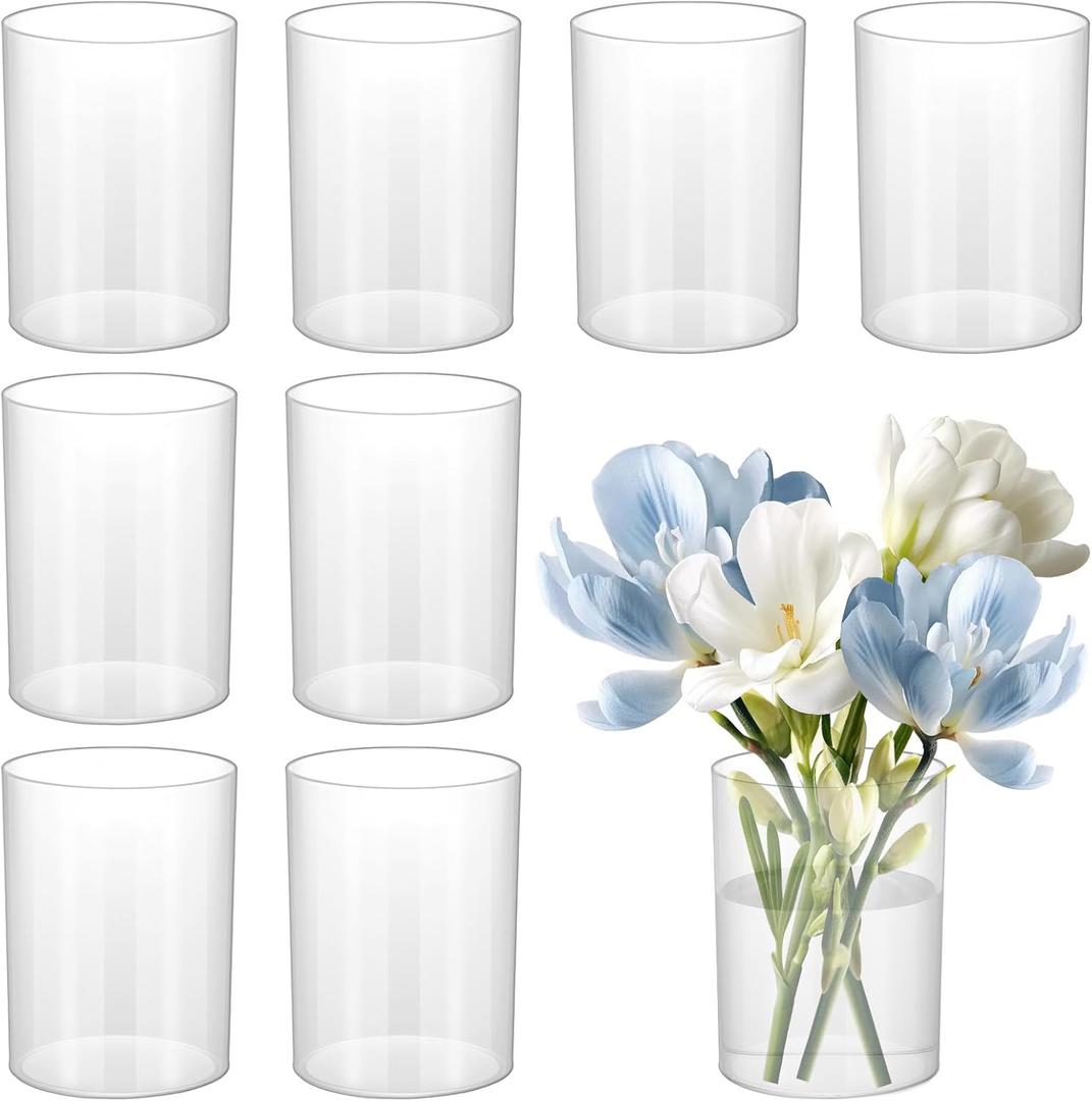 9 Pack Clear Plastic Cylinder Vase – 4.1 Inch Acrylic Flower Vase Bulk, Small Round Wide Mouth Containers for Centerpieces, Home, Office, Wedding Decor (3” Diameter)