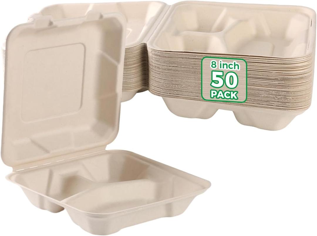 To Go Food Boxes with Lids - 8x8'' 50-Pack Biodegradable 3 Compartment Clamshell Take Out Containers, Disposable Carry Out Meal Prep Paper Containers For Lunch, Stackable, 100% Natural