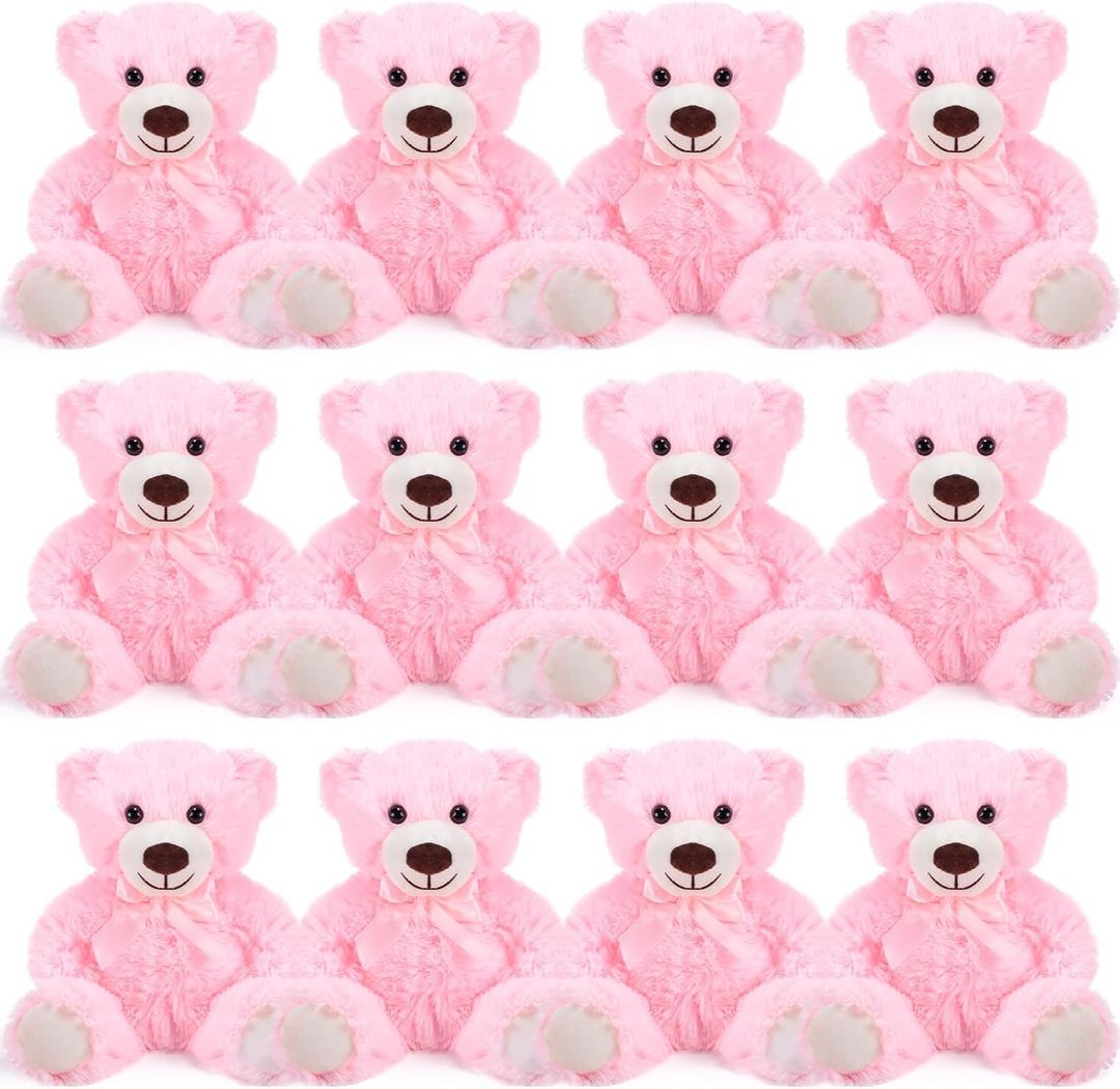 Jenaai 12 Pieces Stuffed Animals Stuffed Bear with Bow Soft Party Gift Plush Bears Centerpieces Birthday Care Wedding Decorations Christmas, 11.8 Inch (Pink,Classic)