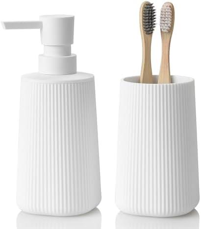 YAUKPH Bathroom Accessories 2 Piece Soap Dispenser and Toothbrush Holder Set Striped White