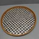 16 inch Round Rattan Tray with Mother of Pearl Inlay Wicker Serving Tray with Wooden Base Boho Decorative Wicker Basket for Table Decor Bathroom Candle Perfume(Black Checkerboard)