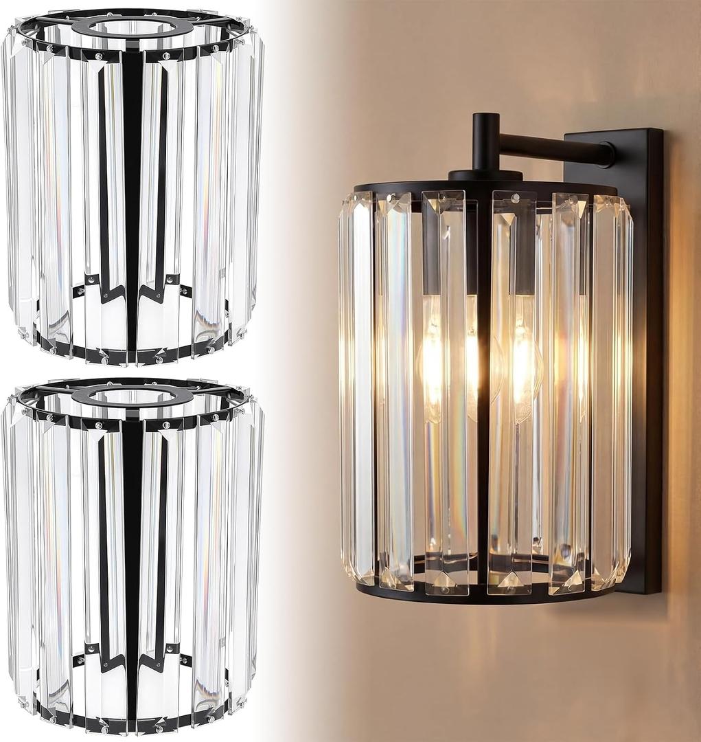 Teenyyou 2 Pcs Crystal Lamp Shade Modern Medium Ceiling Light Cover E26/e27 Base 1.65" Top x 5.1" Dia. x 5.9" H Chandelier Lampshade Replacement for Dining Room Living Room Wall Sconce Pendant Light, Black