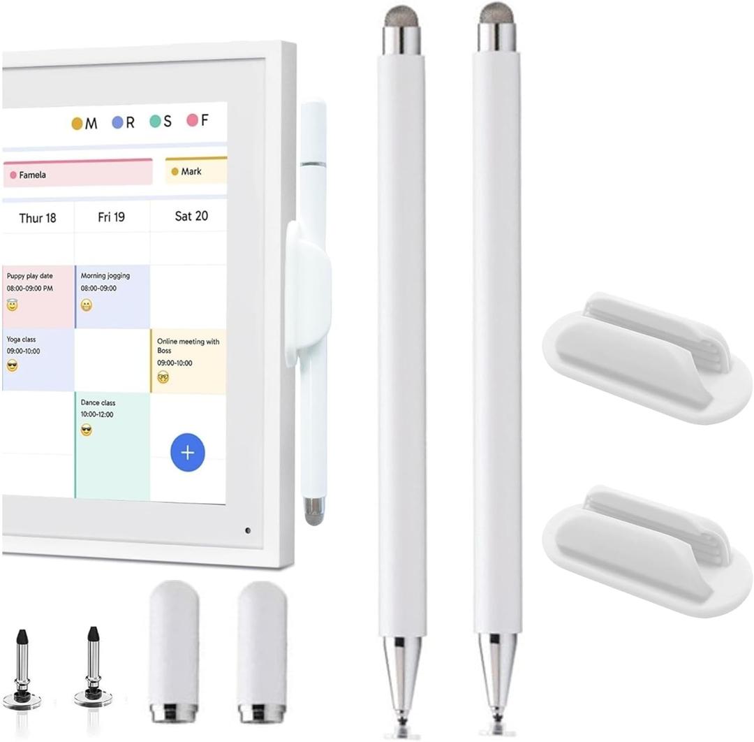 2Pcs Stylus and Mount for Skylight Calendars 15/27 Inch, 2in1 Dual Tip Pen Compatible with Skylight 15.6-Inch,27-Inch Calendar Pen with Holder Mount (2*Stylus+Holder White)