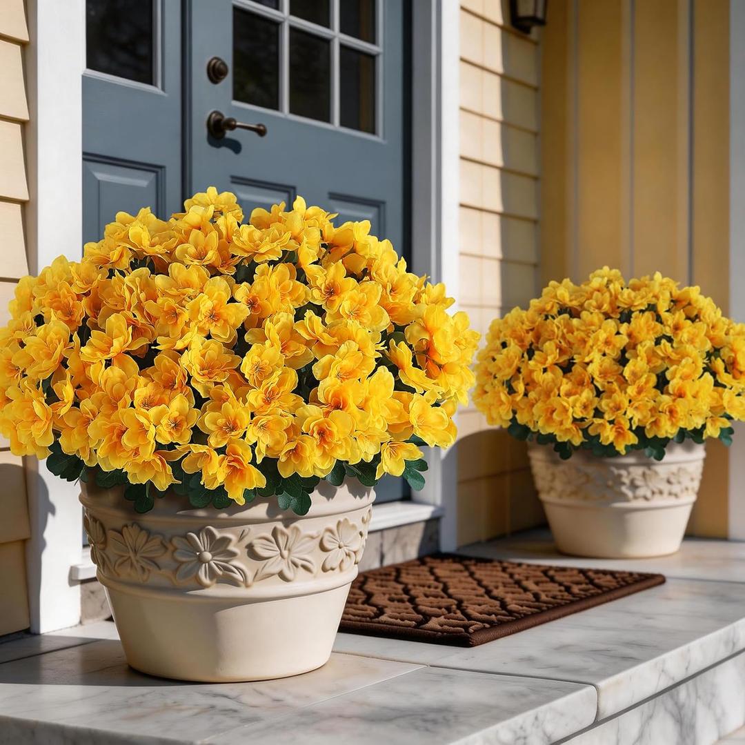 16 Bundles Artificial Flowers for Front Door, Fake Silk Azalea Bouquet Silk Flowers for Outside UV Resistant Realistic Faux Plants for Planter Farmhouse Patio Garden Walkways Home Decor (Yellow)