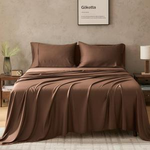 GOKOTTA Queen Sheet Set 4 Pcs,100% Rayon Derived from Bamboo Sheets,Cooling Sheets Queen for Hot Sleepers,16 Inch Deep Pocket Queen Size Bed Sheets with Elastic Corner Straps,Silky Soft - Cocoa Brown