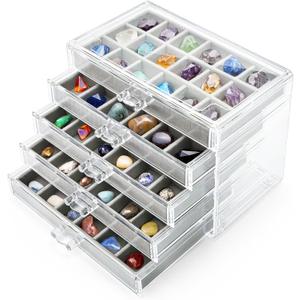 Jucoan Clear Acrylic Rock Display Case, 5 Layer 90 Grids Rock Collection Case with Adjustable Velvet Insert, Mineral Gemstone Storage Organizer Box for Kids Crystals, Rocks Collection