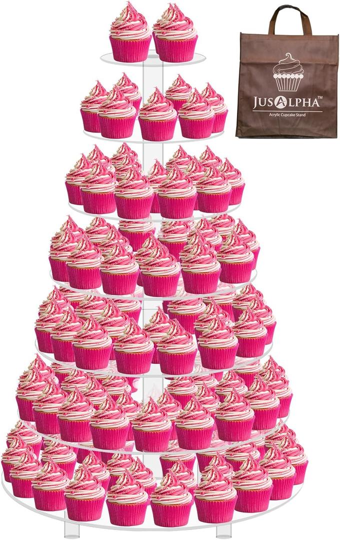 Jusalpha Large 7 Tier Acrylic Round Wedding Cake Stand Dessert Stand Pastry Serving Platter-Food Display Stand For Large Event (With Rod Feet Base) (7RF)