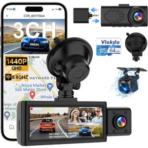 3 Channel Dash Cam Front Inside Rear, Uber Dash Cam for Cars, 2.5K Front + 1080P Cabin & Rear, 5GHz WiFi App Control, 24H Parking Mode, IR Night Vision, G-Sensor, Loop Recording, 64GB Included