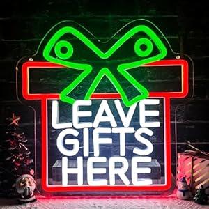 Christmas Neon Sign Dimmable Christmas Gift Box Neon Light LED Wall Room Decor for Leave Gifts Here Led Neon Light Up Sign for Wall Decor Party Kids Gift Winter Home