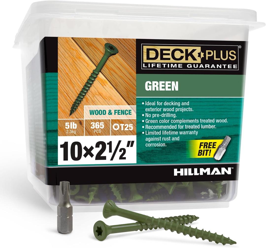 Deck Plus 2-1/2 Inch Epoxy Coated Exterior Wood and Fence Screws #10 x 2-1/2" Torx/Star Drive Included Coarse Thread, Outdoor Rust Resistant Decking Screw, Green, 5 lb Box, 365 Pieces | 48402