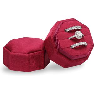 BLUTETE Velvet 3 Slots Jewelry Ring Box Engagement Wedding Box Keepsake Box Bridal Photo Ring Triple Slots Octagon (Merlot Red)