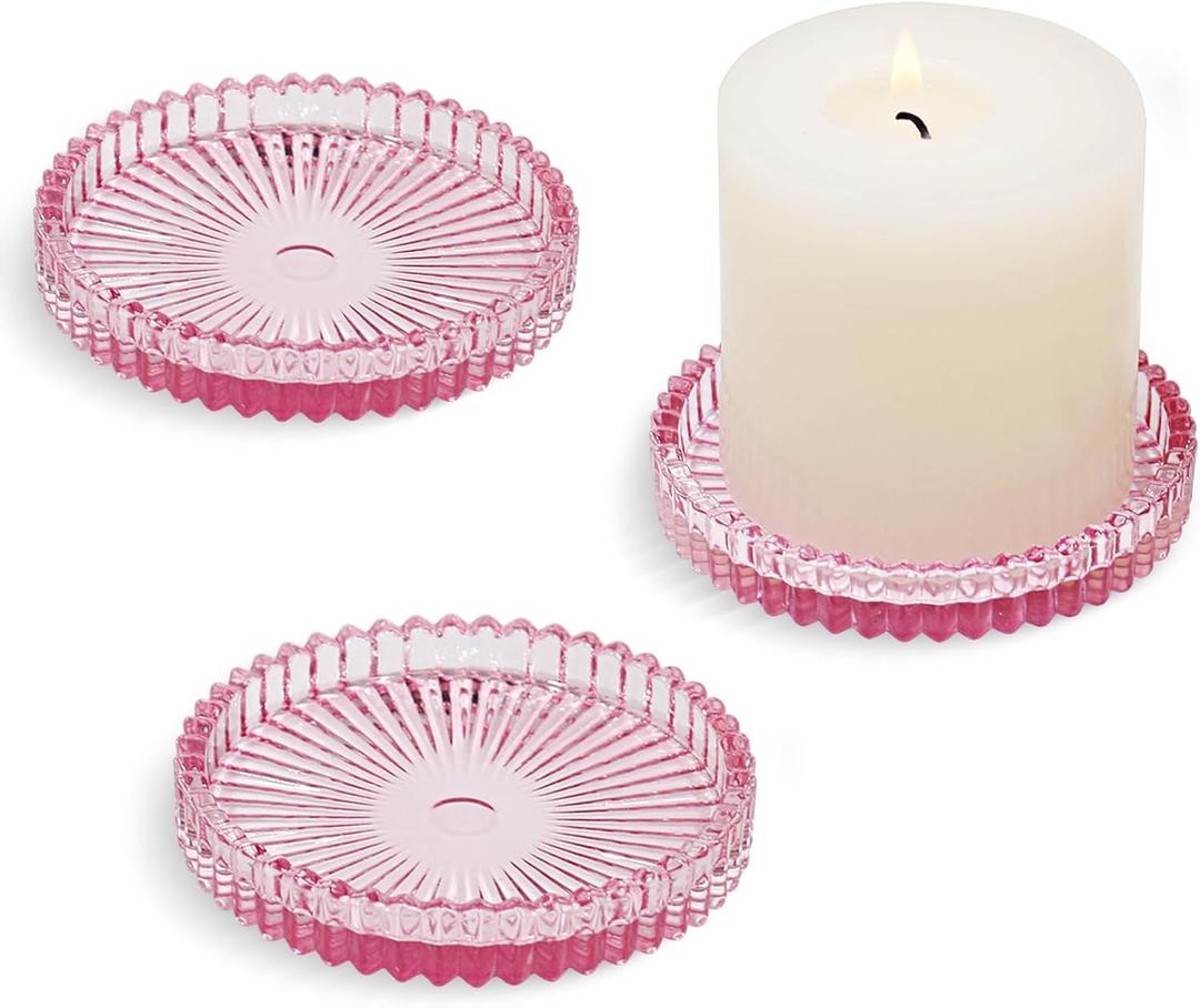 Glass Pillar Candle Holder, 4" Pink Candle Plates Set of 3, Glass Candle Holders for Wedding, Party, Holiday, Home Decor, Table Centerpiece