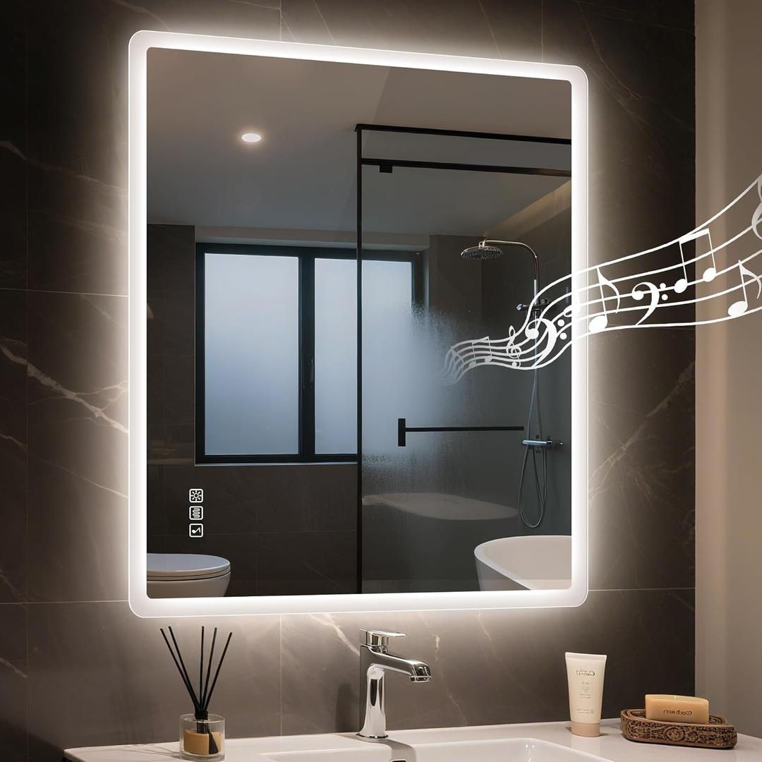 STARLEAD 20"x28" LED-Bathroom-Mirror-with-Lights, Wall-Mounted with Bluetooth Speaker, Anti-Fog, 3 Color Temperature, Dimmable Brightness, Waterproof, Tempered Glass, Frontlit & Backlit (Silver-rectangular)