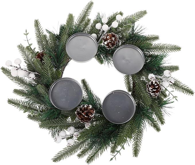 Alipis Christmas Advent Wreath Candle Holder Artificial Pine Ring with Cones and Berries Holiday Table Centerpiece for Fireplace Decoration