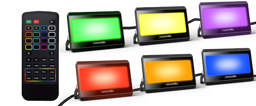 NOVOSTELLA RGBW LED Flood Light Outdoor Interconnected, Color Changing Landscape Floodlights with RF Remote, 2700K White IP66 60W Uplighting for Halloween Christmas, for House Garden Yards Stage
