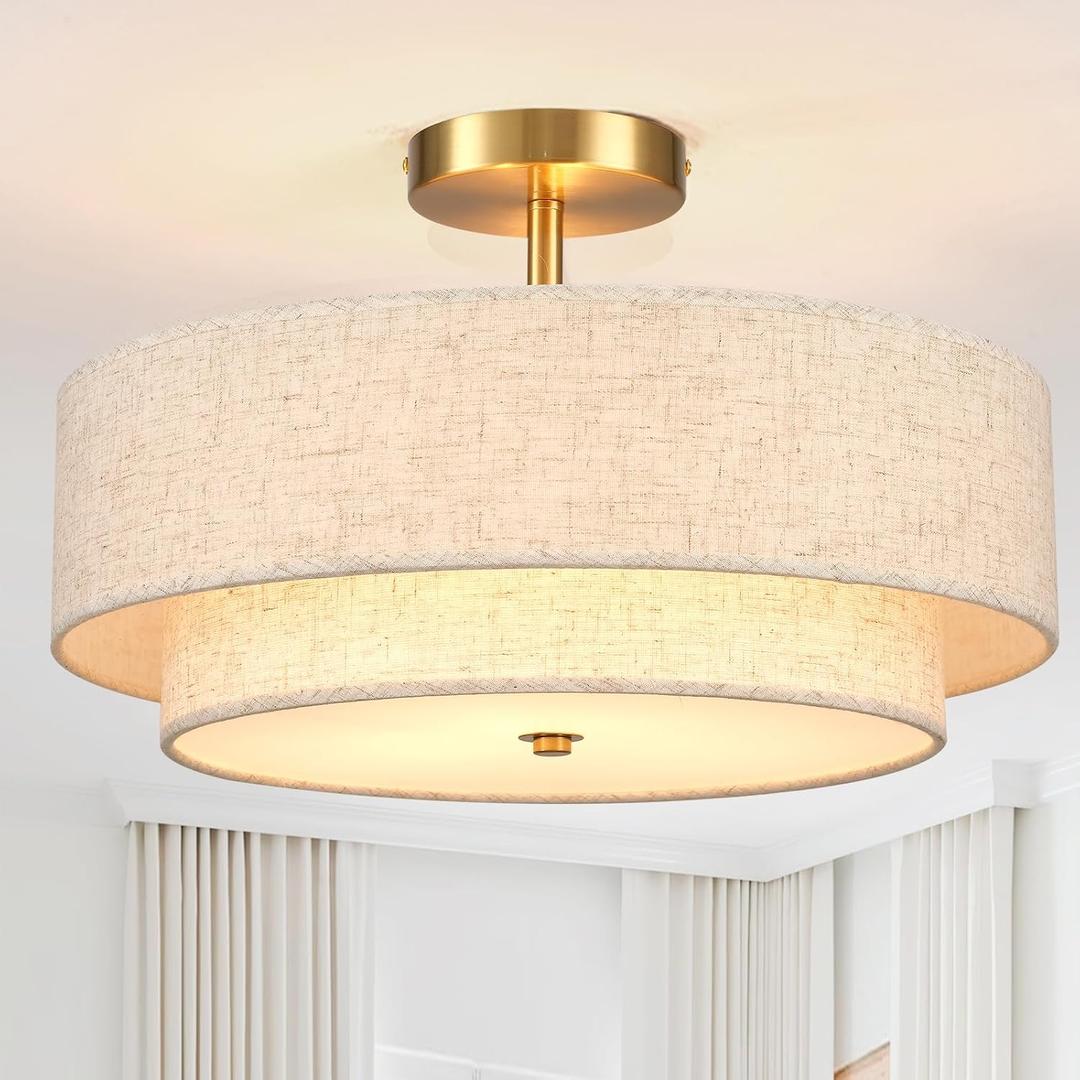 16.5 inch Semi Flush Mount Ceiling Light with Natural Linen Shade, 3-Light UL Listed Fixture with E26 Socket (No Bulb Included) for Bedroom, Kitchen, Living Room, 16.5"l X 16.5"w X 11.8"h