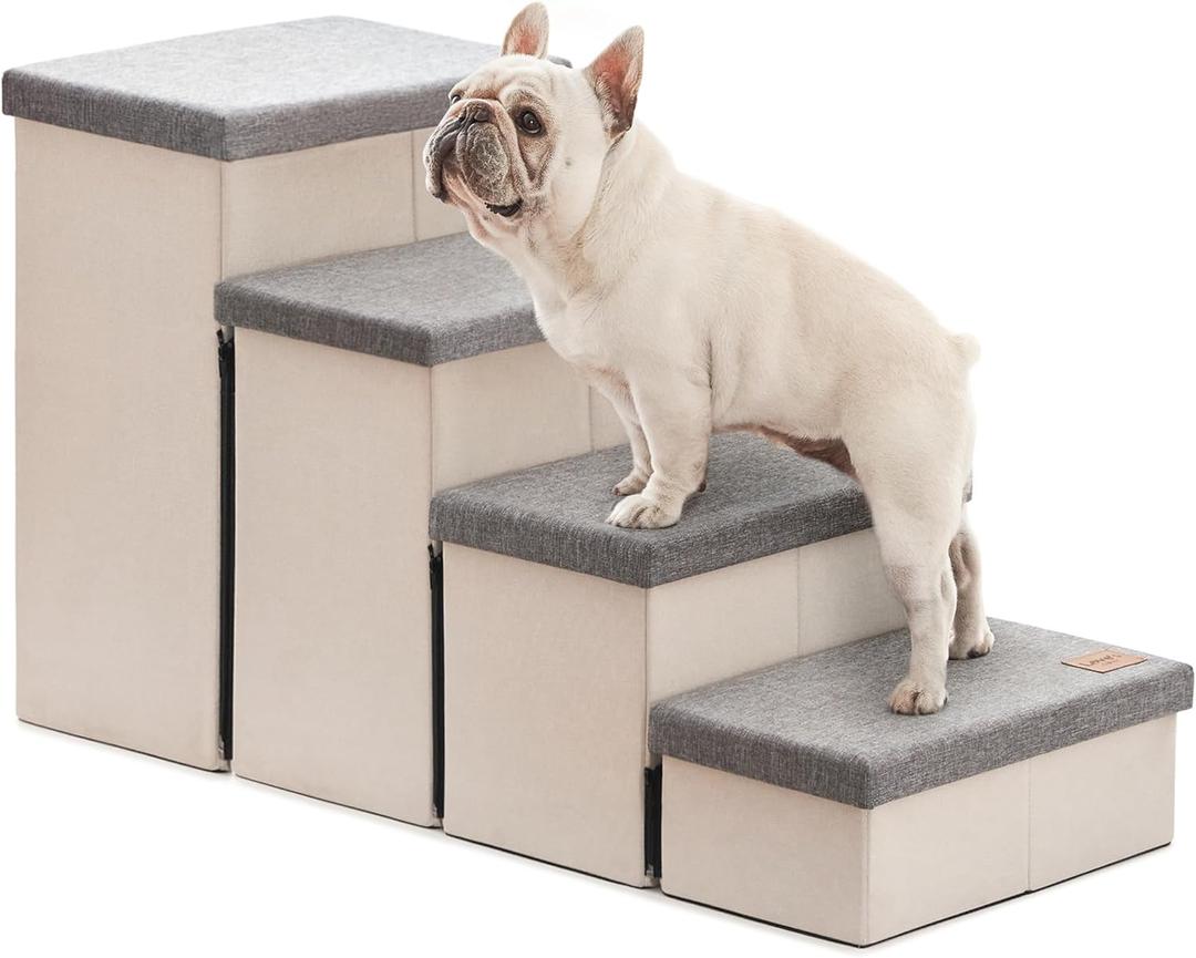 Love's cabin Dog Stairs for Small Medium or Large Dogs with Storage and Adjustable Steps, Foldable Cat Steps for Bed or Couch, 4-Step Gray Folding Ramp with Zip up to 200 lbs, Light Grey (37.4" X 17" X 21.3" H)