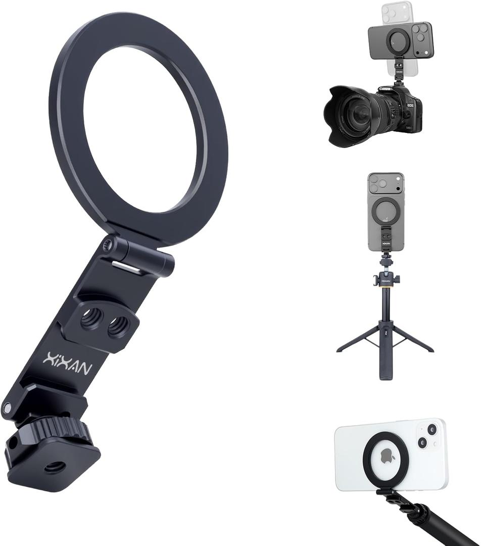 Magnetic Phone Tripod Mount Adapter with 1/4" Thread, Cold Shoe Phone Holder for Camera. Compatible with MagSafe for iPhone, 360 Rotatable, Foldable, Portable Design for Photography Video Vlog