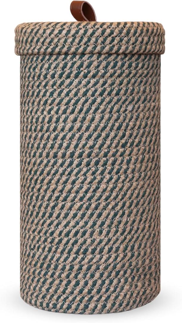 Handmade Cotton & Jute Toilet Paper Holder Woven Toilet Paper Stand & Storage Basket with Lid, Freestanding Organizer for Bathroom, Fits 3 Rolls Green