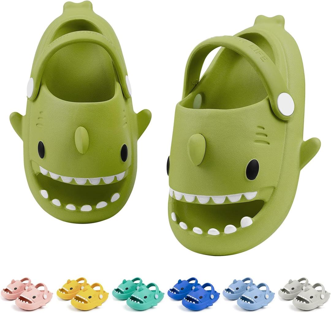 Toddler Shark Cloud Slides | Kids Shower Sandals | Boys Girls Cute Cartoon Fish Flip Flops | Beach Pool Home Slippers Shoes | Quick Dry Non-Slip (10-11 Little Kid, Strap - Dark Green)