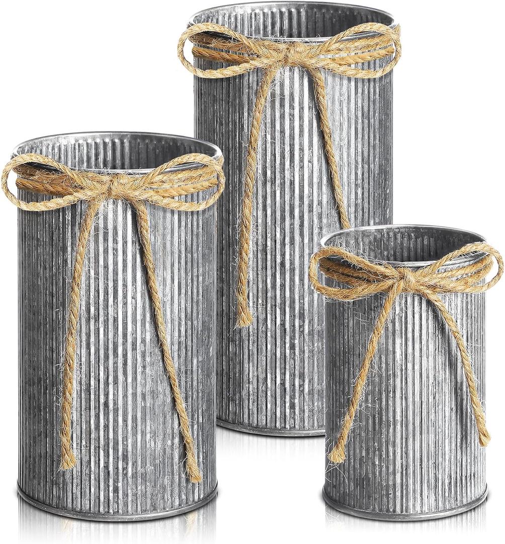 Zonon 3 Pcs Farmhouse Vase Decor with Twine Bow 4.33" Galvanized Flower Bucket 5.91" Metal Pots 7.09" Rustic Decorated Vases for Artificial Flowers Home Table Weddings Decor (Black)