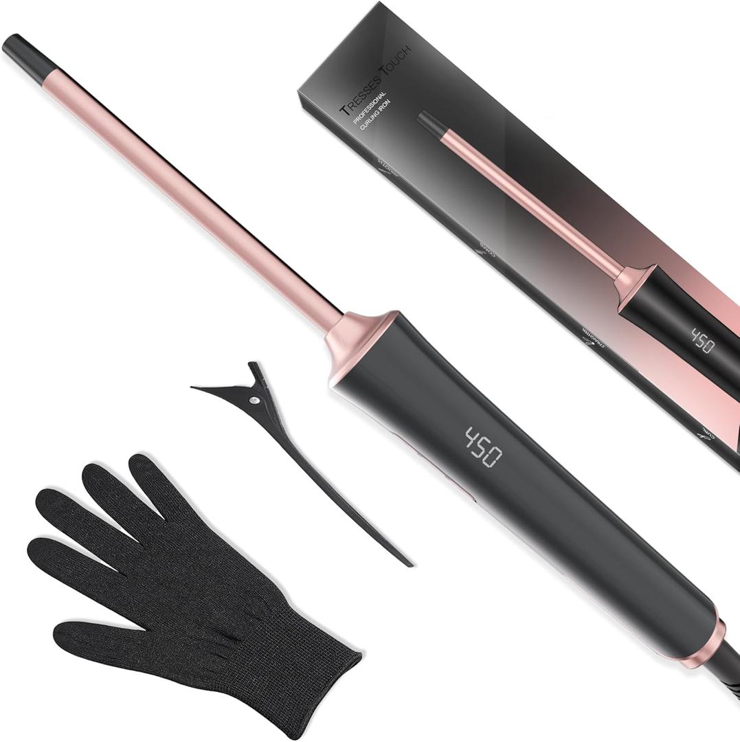 Small Curling Iron 2/5 Inch, Tresses Touch Curling Iron Wand for Short & Long Hair, 10 mm Ceramic Small Barrel Hair Curler with Adjustable Temperature, Include Heat Resistant Glove & Clip (Rose Gold)