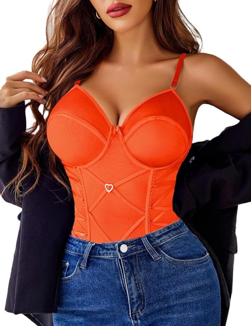 Avidlove Lingerie for Women Sexy Corset Garter Lingerie Set One Piece Teddy Bodysuit Boudoir Outfit (Orange, XL)