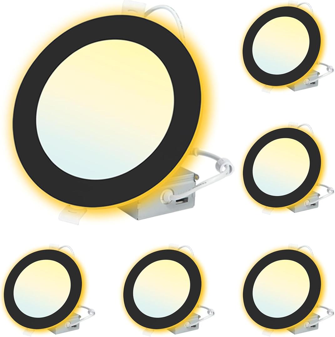 6 Pack Black Recessed Lighting with Night Light 6 Inch, 2700K 3000K 3500K 4000K 5000K Selectable, Canless Wafer Light, 12W, 120V, 1100LM, Dimmable, ETL FCC