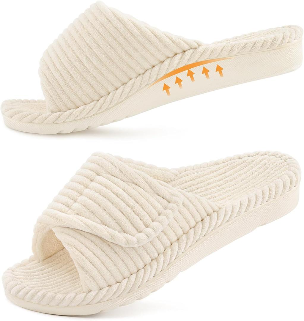 Litfun Orthopedic Slippers for Women Arch Support Indoor House Slippers Adjustable Open Toe Corduroy Bedroom Shoes with Memory Foam for Plantar Fasciitis (10, Beige)