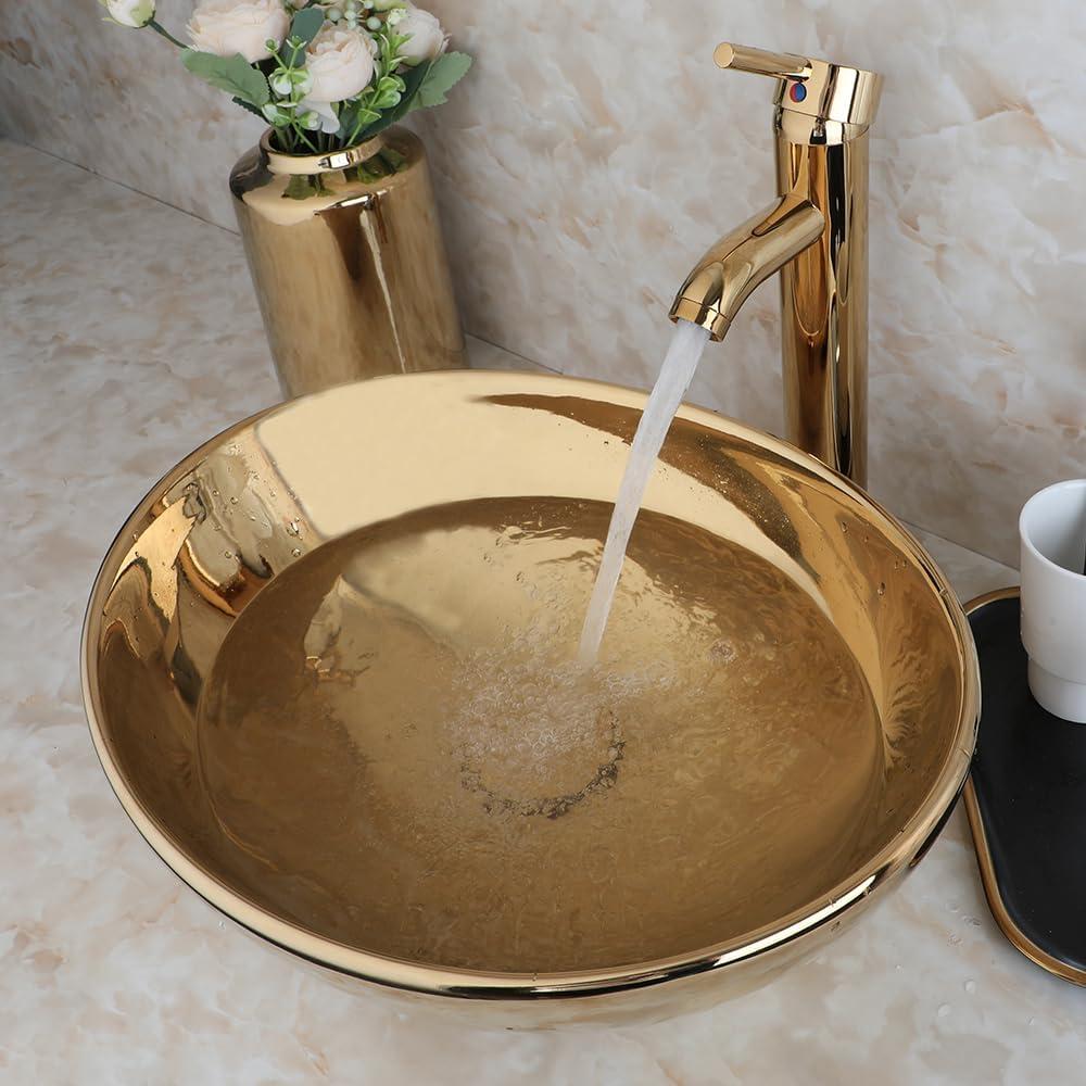 Bathroom Vessel Sink 16 Inch Gold Ceramic Sink Bowl With Gold Faucet and Pop-Up Drain Combo,Oval Bathroom Sink Above Counter Art Sink Washing Basin Set
