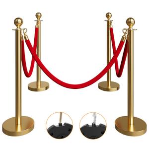 4 Pack Gold Stanchions and Velvet Ropes Set, Stainless Steel Crowd Control Barriers, 3Pcs Red Carpet Ropes and Poles for Party Supplies,Photobooth Accessories, Prom,Birthday,Business,Wedding, Museums