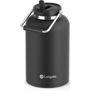 128 oz Insulated Water Jug with Straw Lid and Handle, One Gallon Stainless Steel Large Double Vacuum Water Bottle for Hot & Cold Drinks - Sweat Proof, Great for Travel, Hiking, Camping - Black