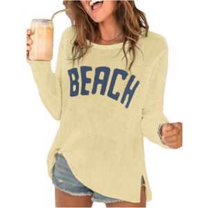 COZYEASE Women's Beach Cover Up Letter Print Long Sleeve Sweater Crew Neck Split Hem Crochet Jumper Top, X-Large