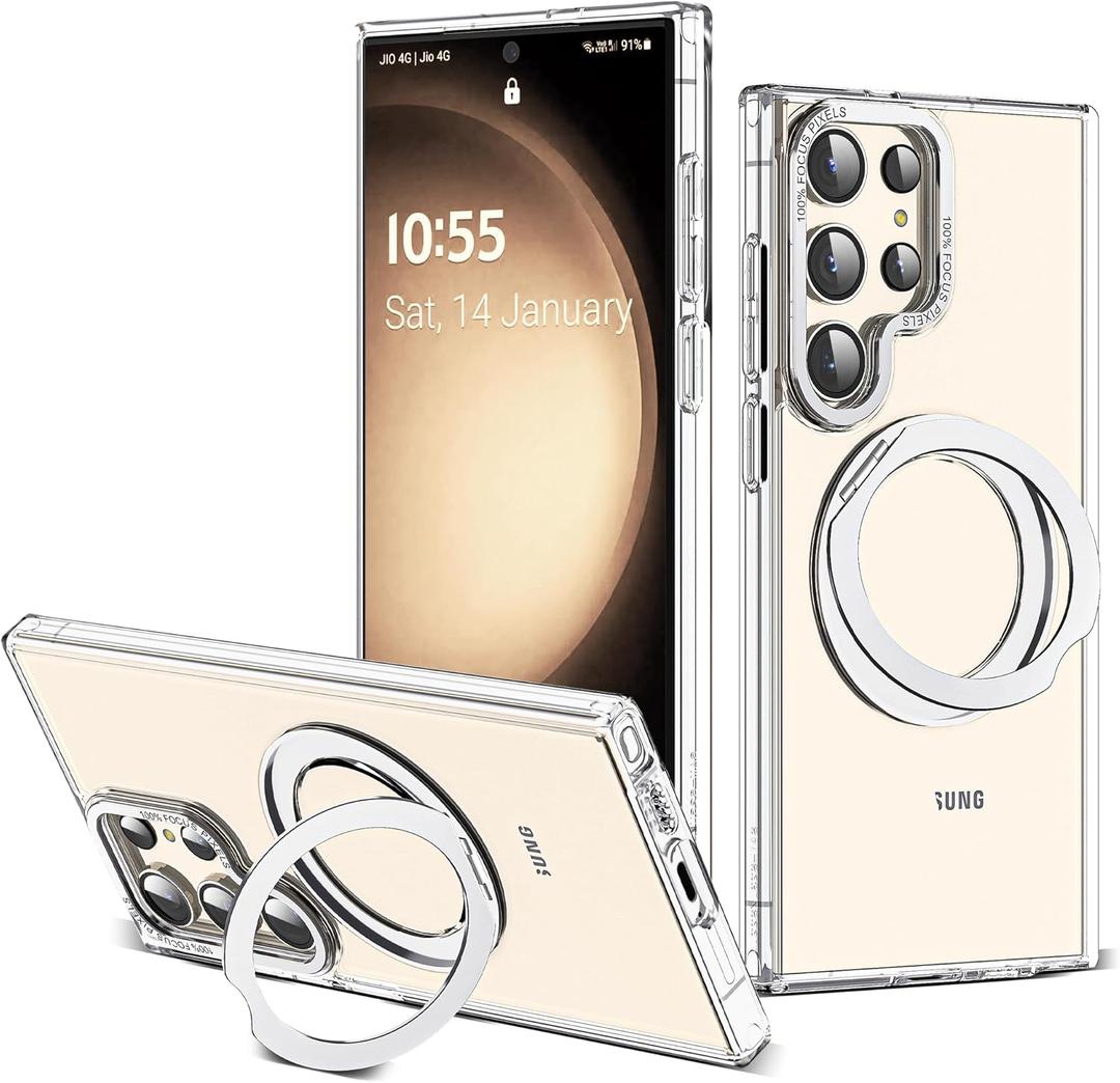Compatible with Samsung Galaxy S22 & S23 Ultra Case with 360Rotatable Magnetic Ring Stand Compatible with Mag-Safe Military Protection Shockproof Transparent Phone Case,Clear