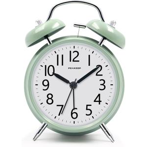 Peakeep Loud Battery Alarm Clock for Heavy Sleepers Adults Kids, Analog 4.5" Twin Bell Old School Fashioned Style for Bedrooms Living Room Decor (Avocado Green)