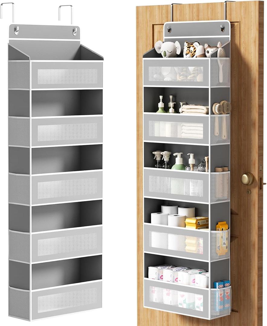 Over The Door Organizer, Over the Door Storage with 5 Large 10 Side Pockets, Hanging Door Organizer 44 lb Load Behind Door Storage, Hanging Shelf for Closet Wall Bedroom Bathroom Nursery, 5-Tier Grey