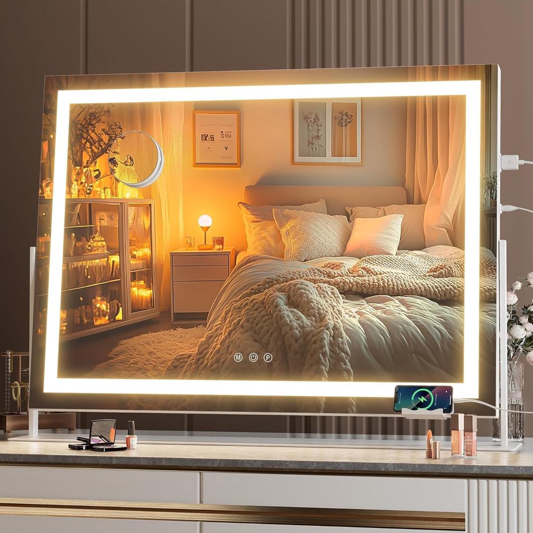 Hasipu Vanity Mirror with Lights, 28" x 20" LED Makeup Mirror, Light up Mirror with 10X Magnification and Phone Holder, USB Charging Port, Smart Touch 3 Colors Dimmable, 360 Rotation (White)