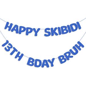 2 x Epakh Pre Strung Happy Skibidi 13th Bday Bruh Glitter Banner Dark Blue 13th Birthday Party Decorations Funny Birthday Sign Party Favors Supplies