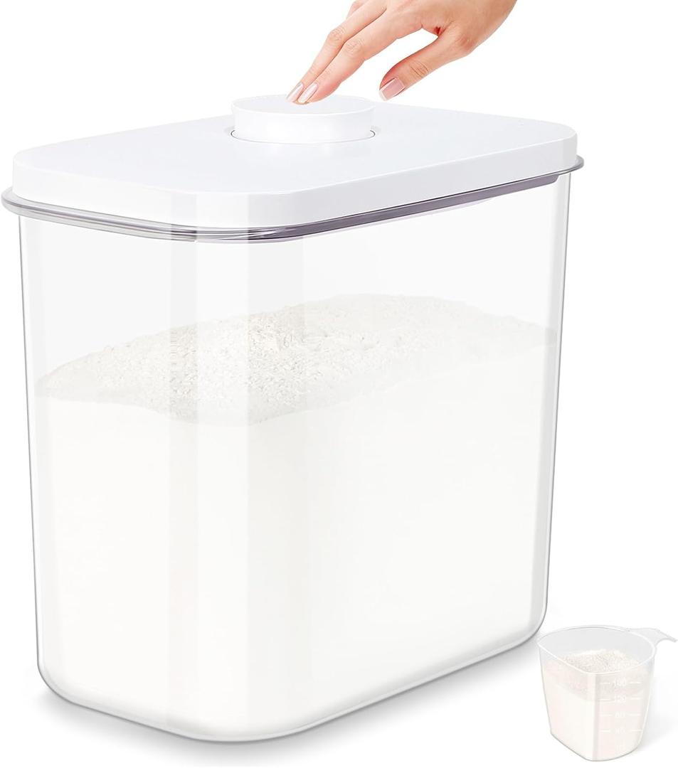 Airtight Rice Container 25 Lbs with Handle and Cup 12.68Qt Large Flour Sugar Storage Container with Pop Up Seal & Hanging Lid Hooks, Clear Tall Food Storage Bin for Kitchen Pantry Organization