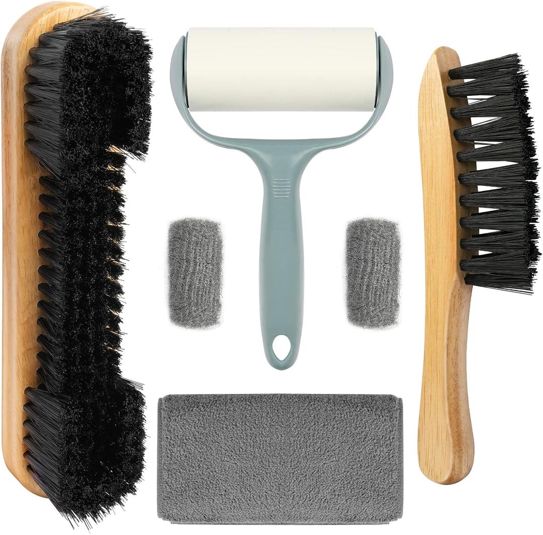 Pool Table & Rail Brush 5 Set, Billiard Felt Cleaner Accessories with 2 Wooden Brushes, Cue Cleaning Cloth, Ferrule Polish Cloth & Sticky Lint Roller