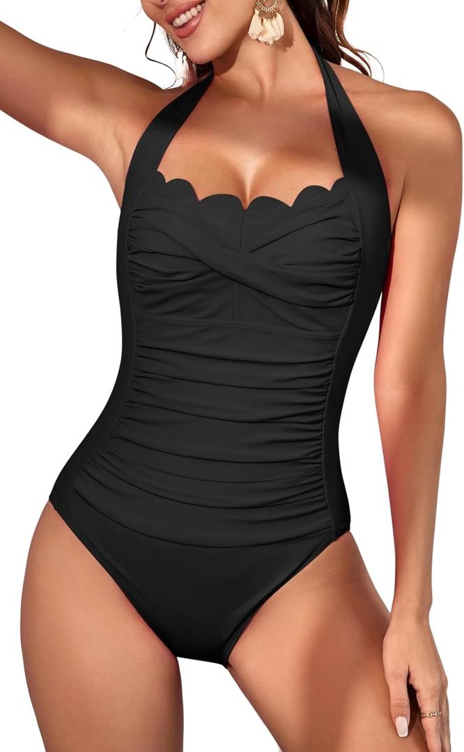 Eomenie Women One Piece Tummy Control Swimsuit Halter Scallop Trim Bathing Suits 1 Piece Vintage Ruched Slimming Swimwear (Black, S)
