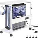 Height Adjustable Computer Tower Stand with Charge Station and USB Charging Port, 2-Tier ATX-Case Cart, Under Desk Mobile PC Stand, CPU Holder Cart with Locking Caster Wheels for Fits Most PC (White)