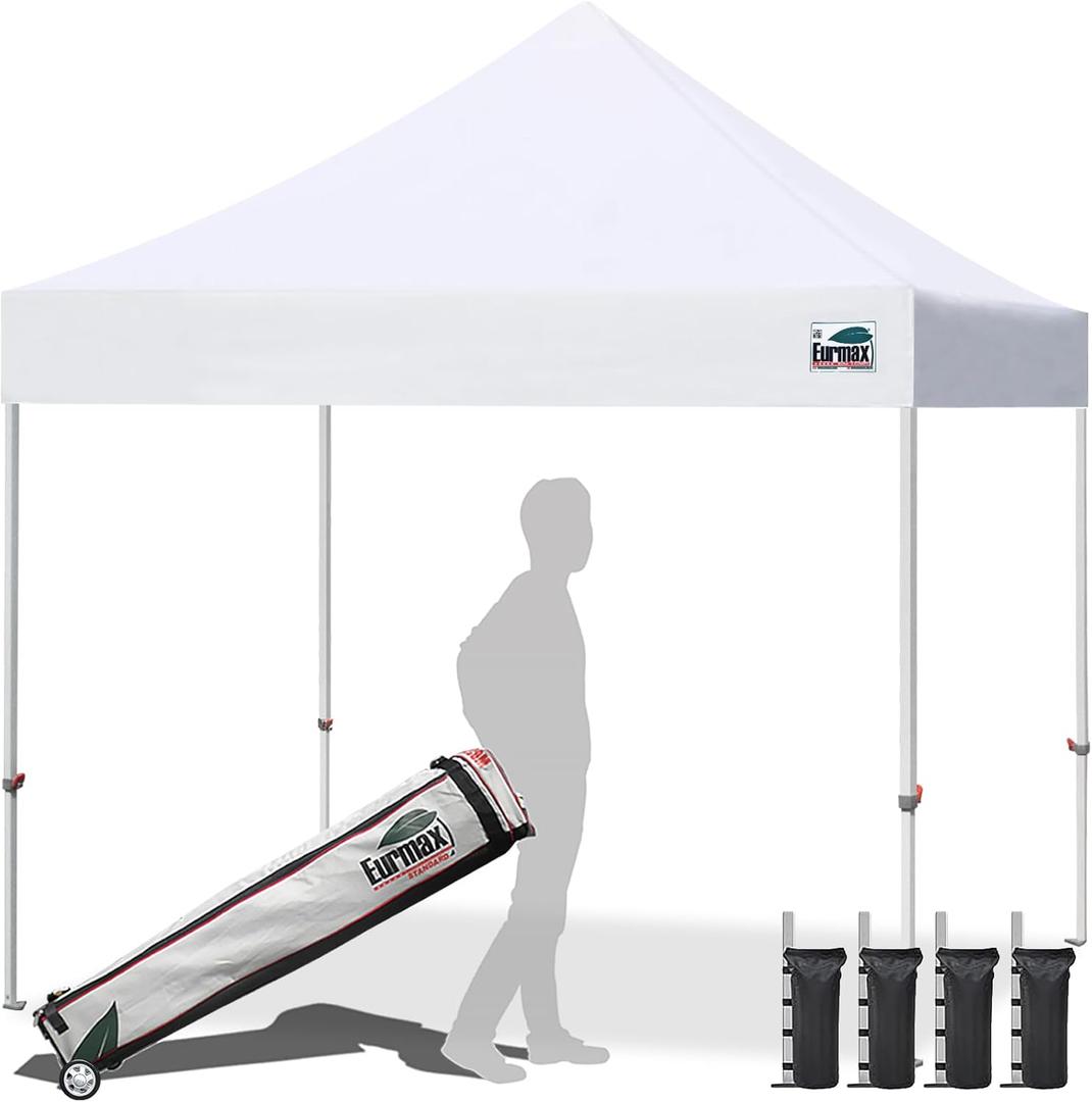Eurmax USA 10x10ft Pop Up Canopy,Commercial Instant Tent for Outdoor Events,Patented No-Tip Rolling Storage Bag with 4 Sandbags,UV & Water Resistant,Heavy Duty Portable Shelter Gazebo,White
