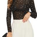 KICZOY Women See Through Tee Tops Long Sleeve T Shirt Sexy Mesh Sheer Mock Neck Layering Lace Tshirt, XS